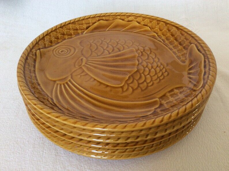 Lot de 6 assiettes poisson Gien céramique ocre ambré années 1960