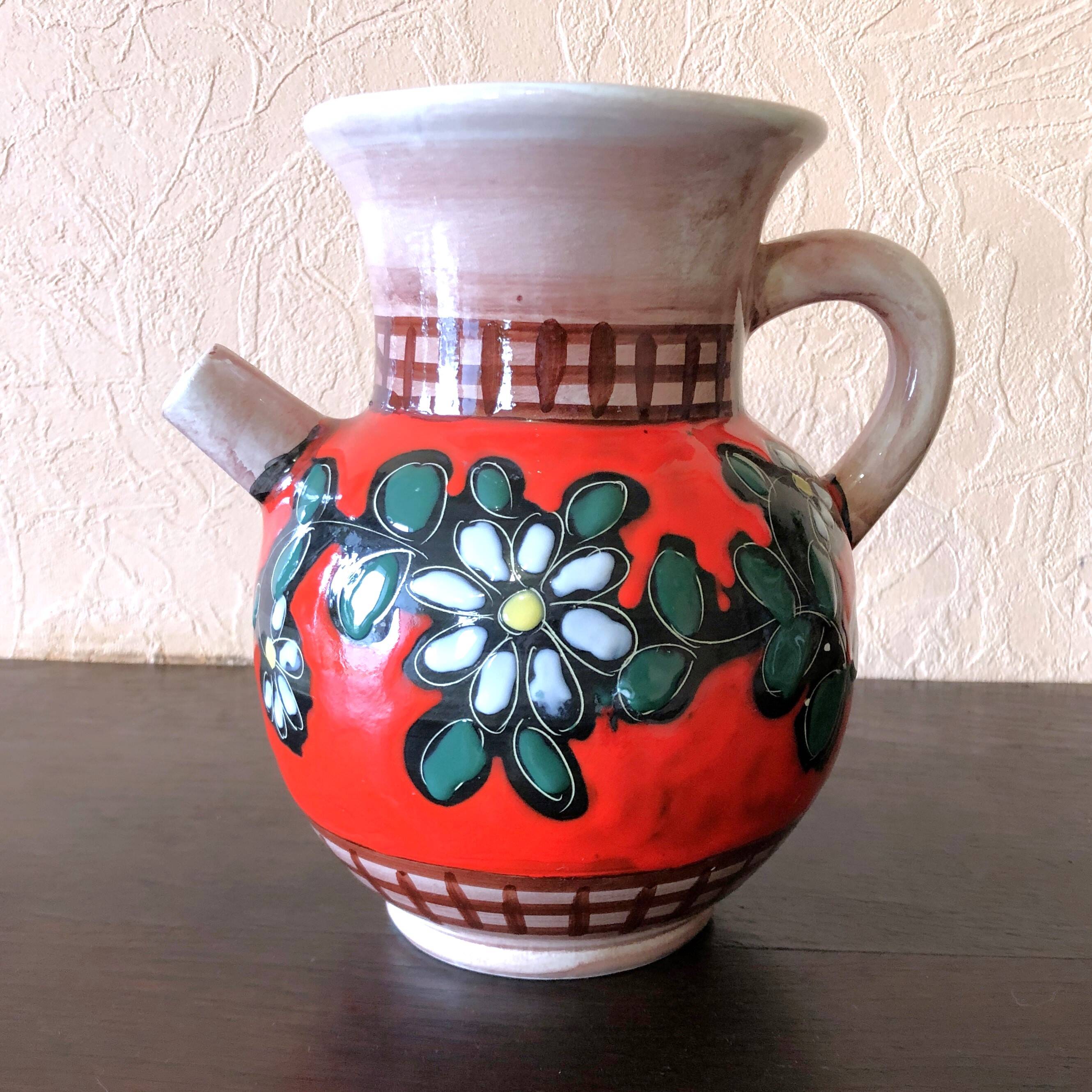 Carafe, jug, chevrette, artisanal, ceramic with floral decoration