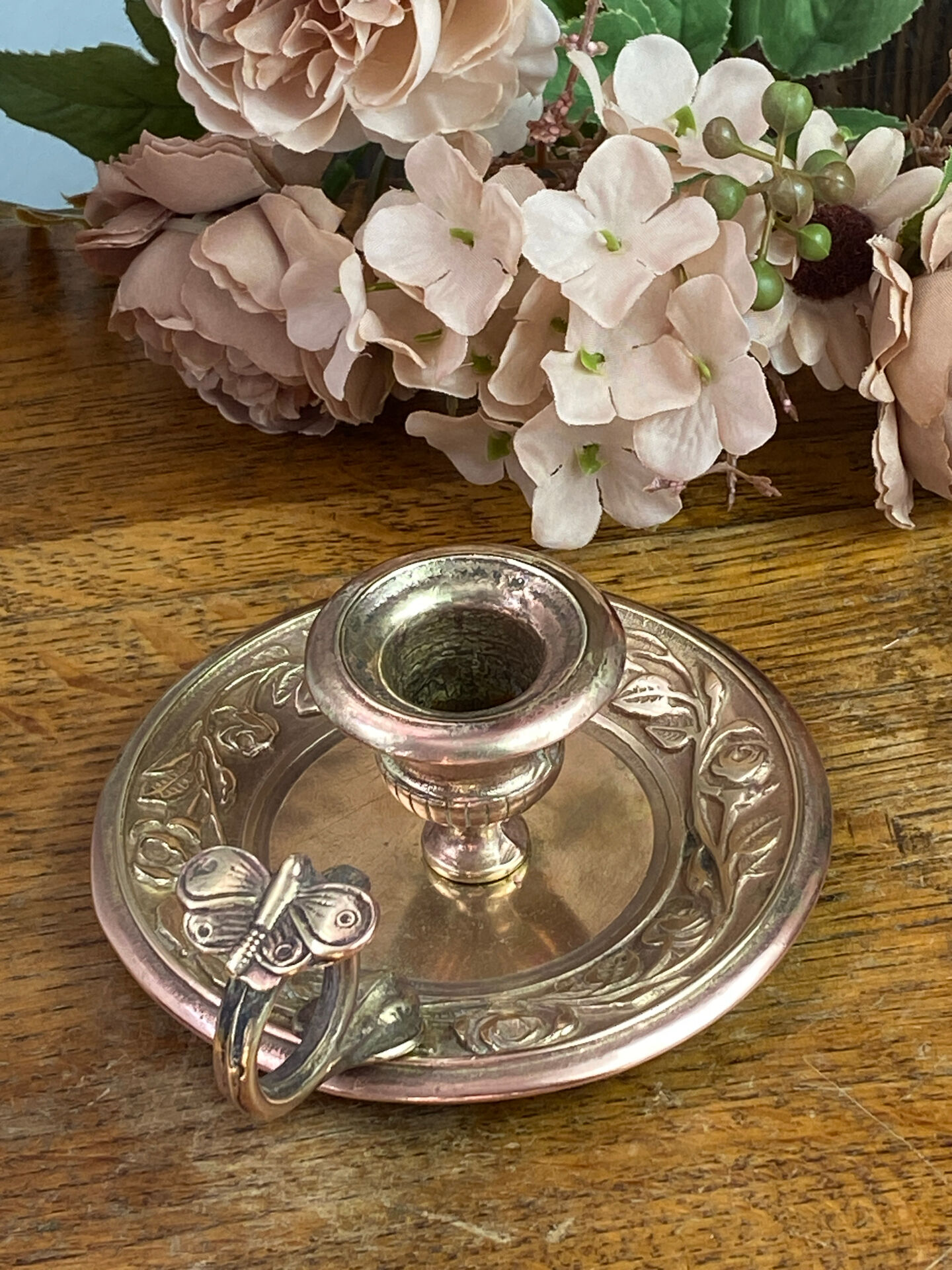 Hand candle holder, butterfly decoration, solid brass