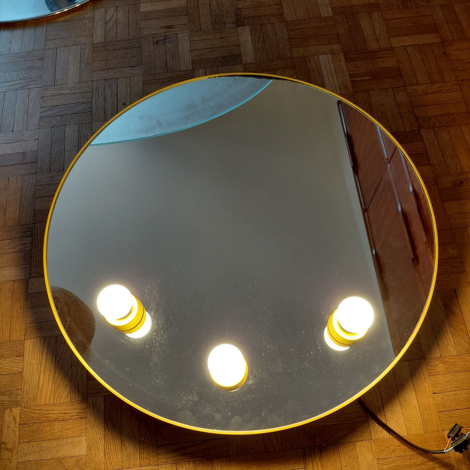 Round illuminated wall mirror Gedy Space Age yellow – Italy, 1970s