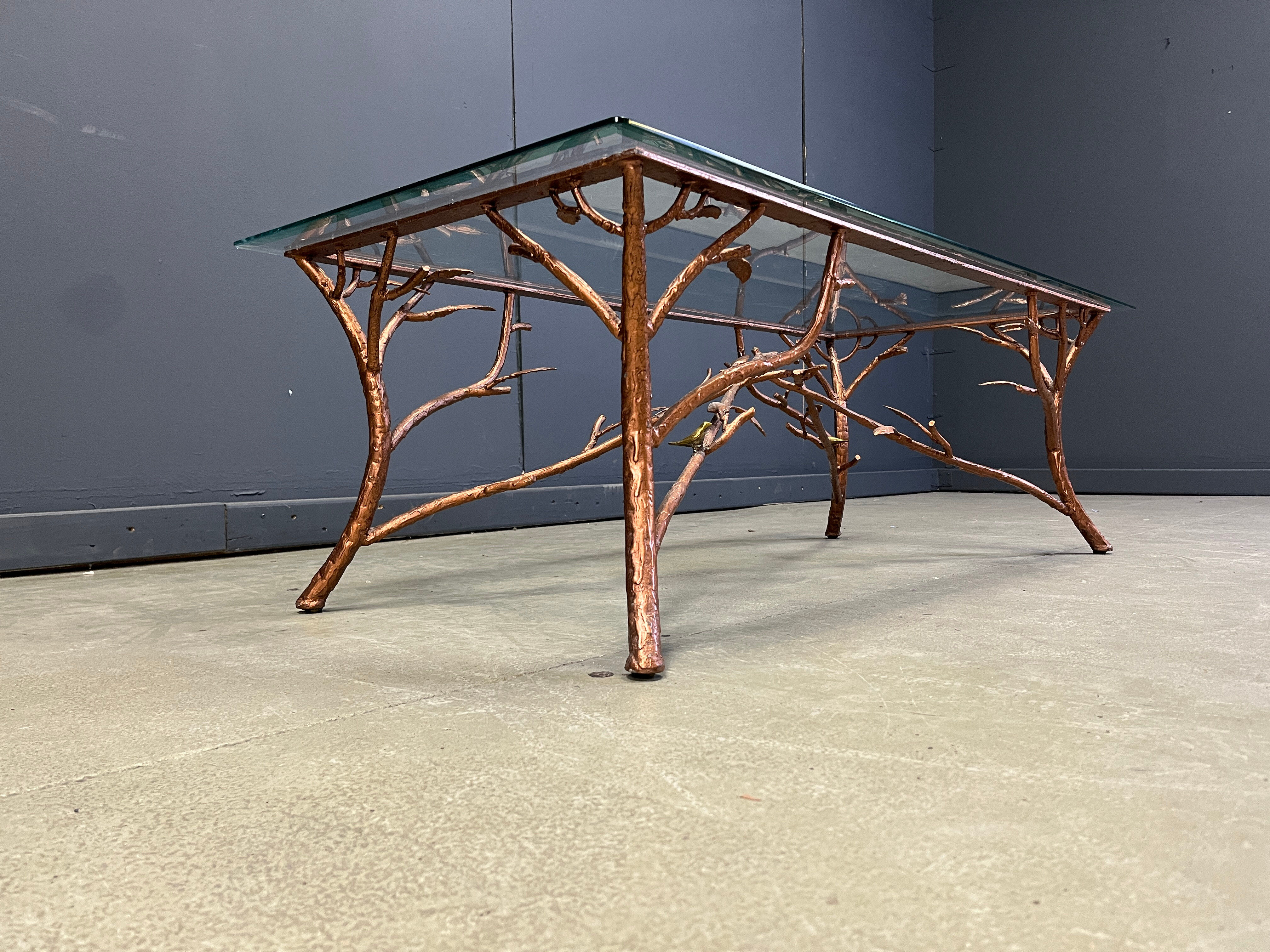 Vintage hand crafted wrought iron tree branches cocktail table, 1970s