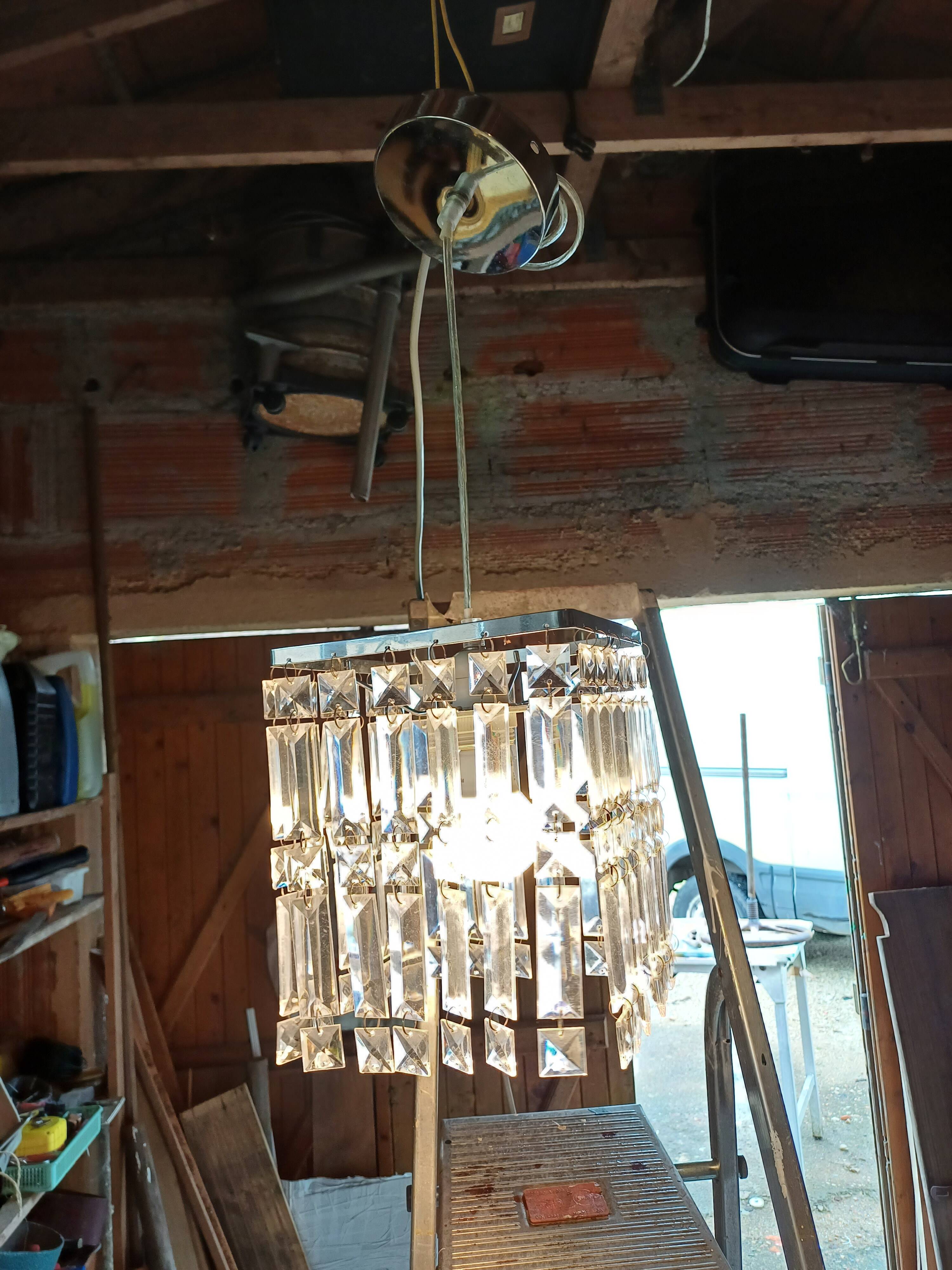 Vintage Chrome Chandelier and Transparent Plastic Pendants