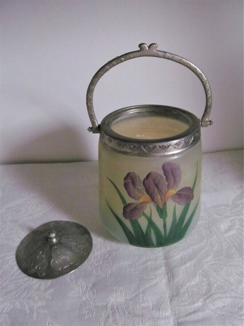 Art Nouveau Opal Glass Biscuit Jar: Hand-Painted Iris, French Candy Jar