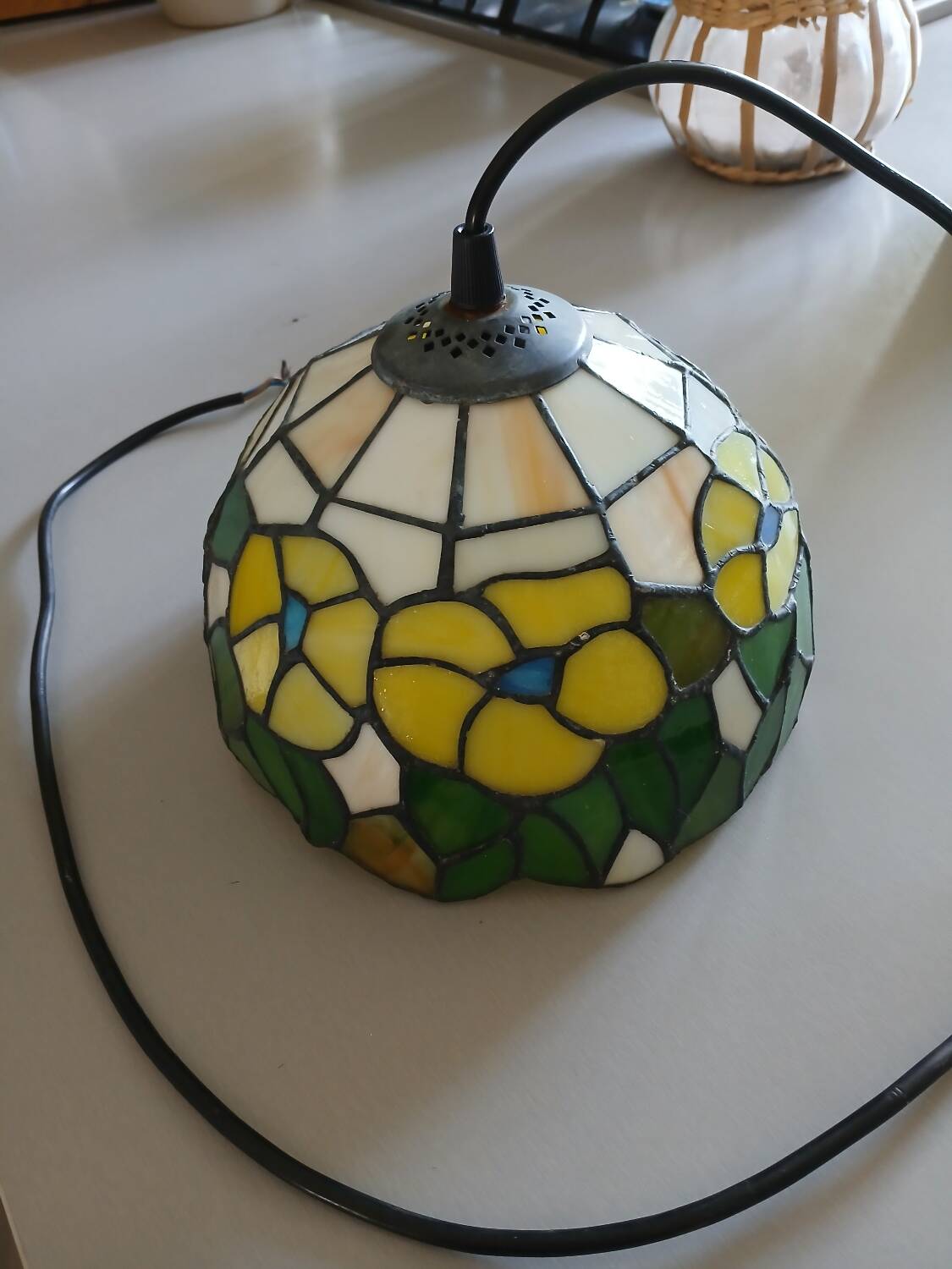 Antique stained glass and tin pendant light