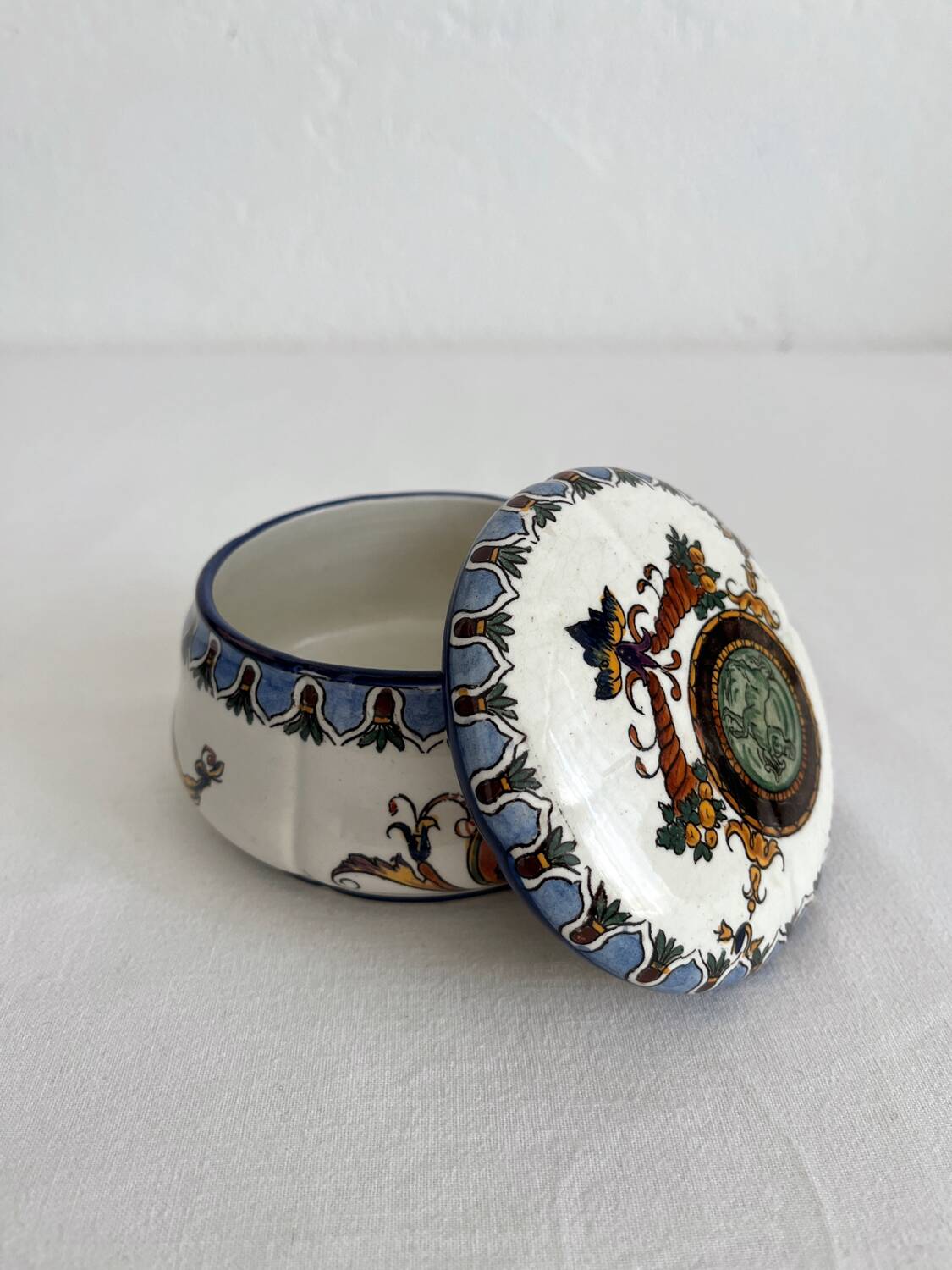 Antique Gien earthenware candy box with Renaissance decor