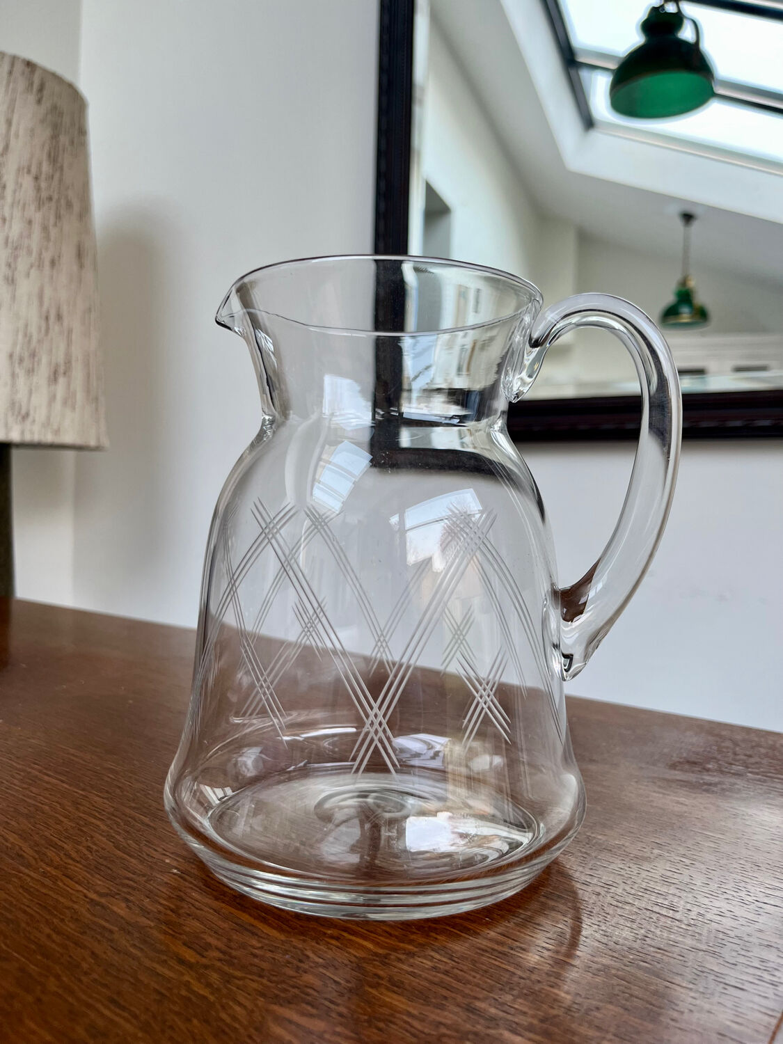 Vintage engraved glass carafe and jug