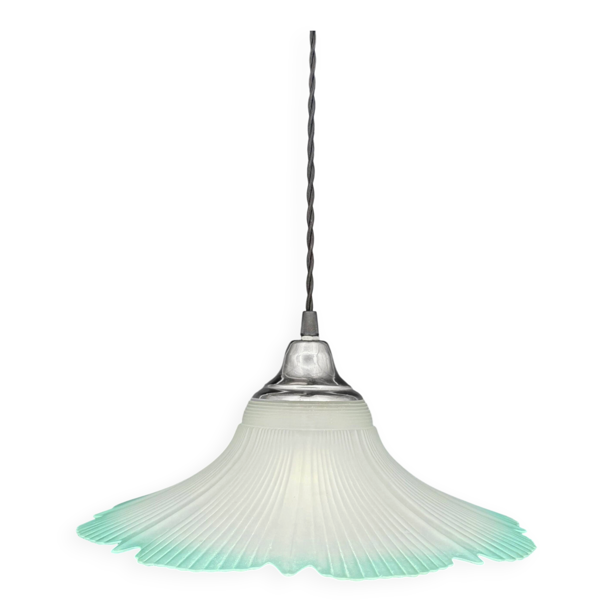 Frosted glass flower pendant with a water green edge.