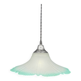 Frosted glass flower pendant with a water green edge.