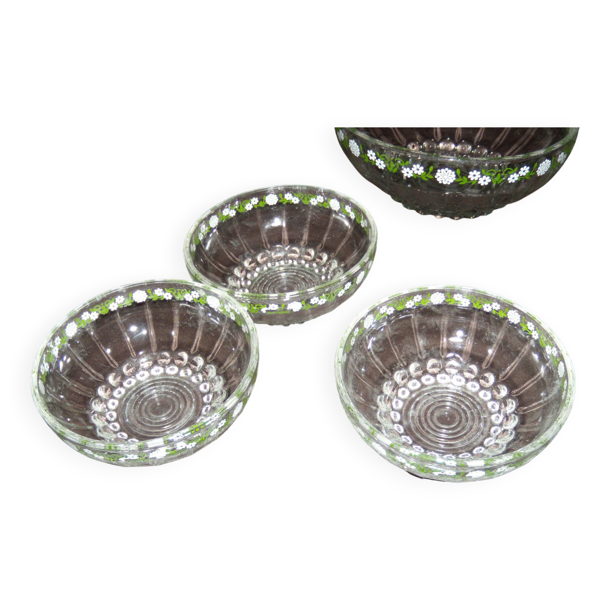 Set of 3 antique glass bowls/dishes decorated with small white flowers by Materne, rare.