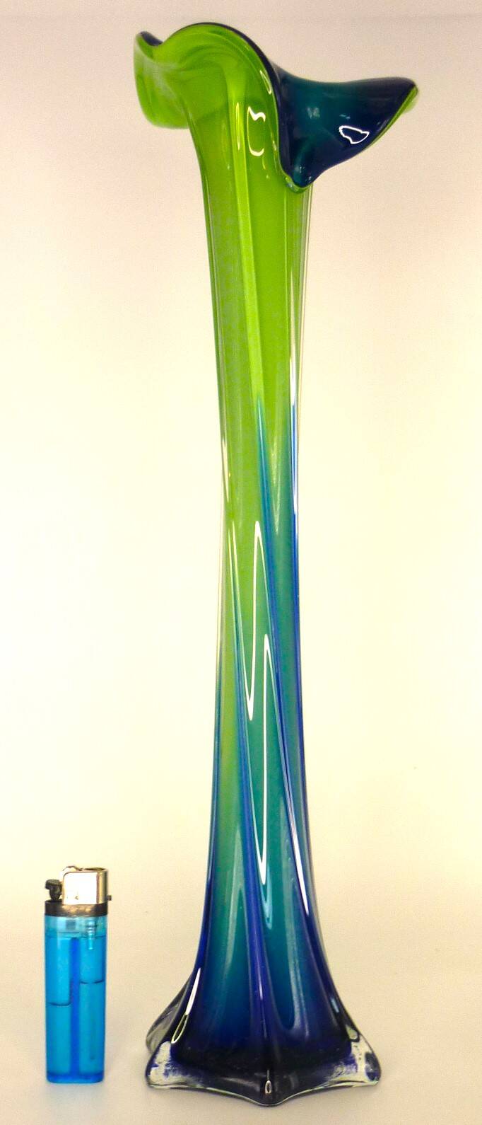 Vintage blown glass vase, twisted, blue and green, height: 39cm