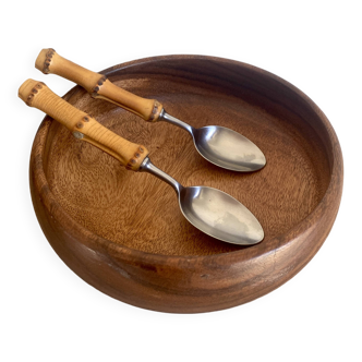 Wooden salad bowl and 2 bamboo cutlery sets
