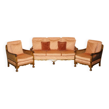 Three-piece bergère set in walnut, Chinoiserie style, from the 1920s, in need of restoration.