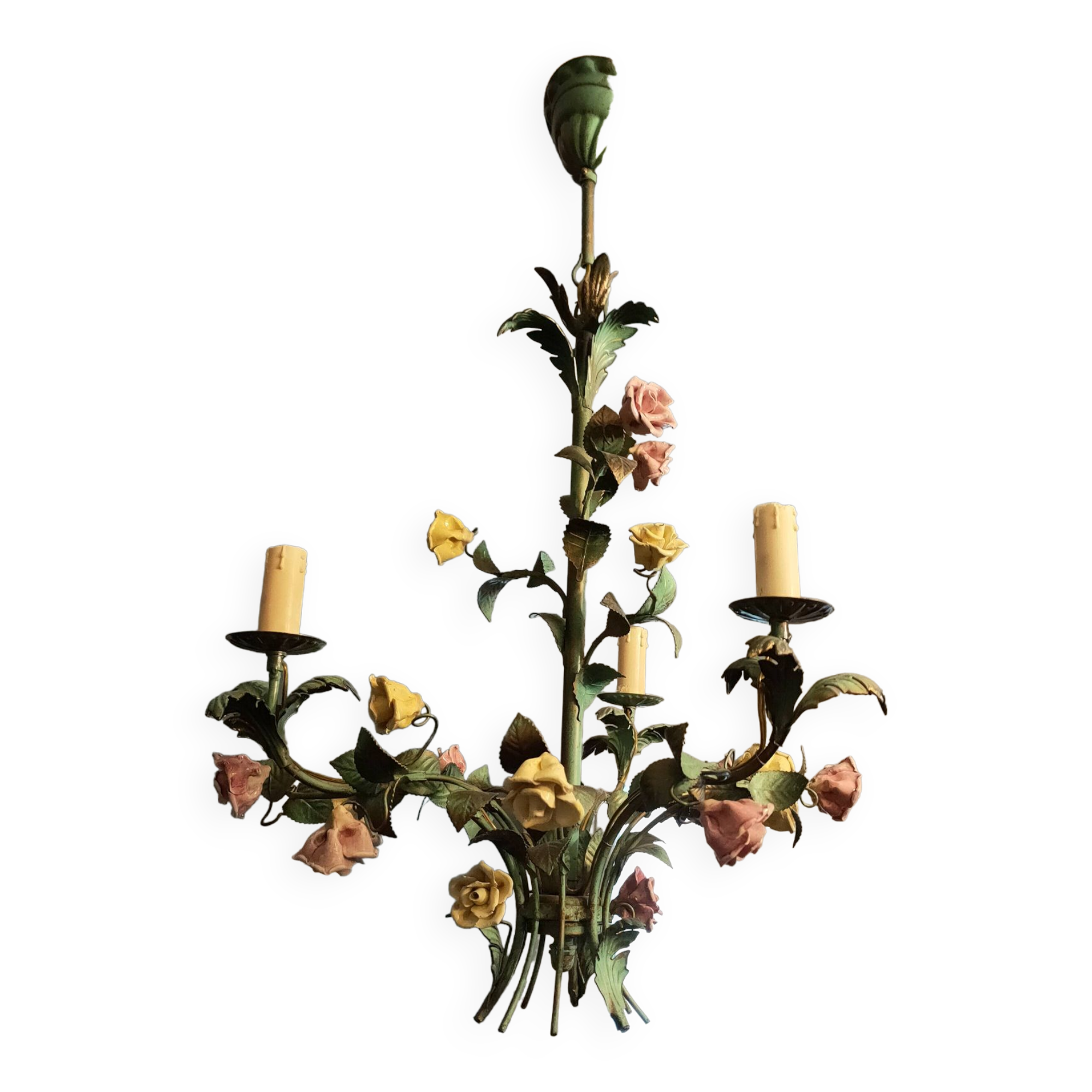 metal chandelier and porcelain flowers