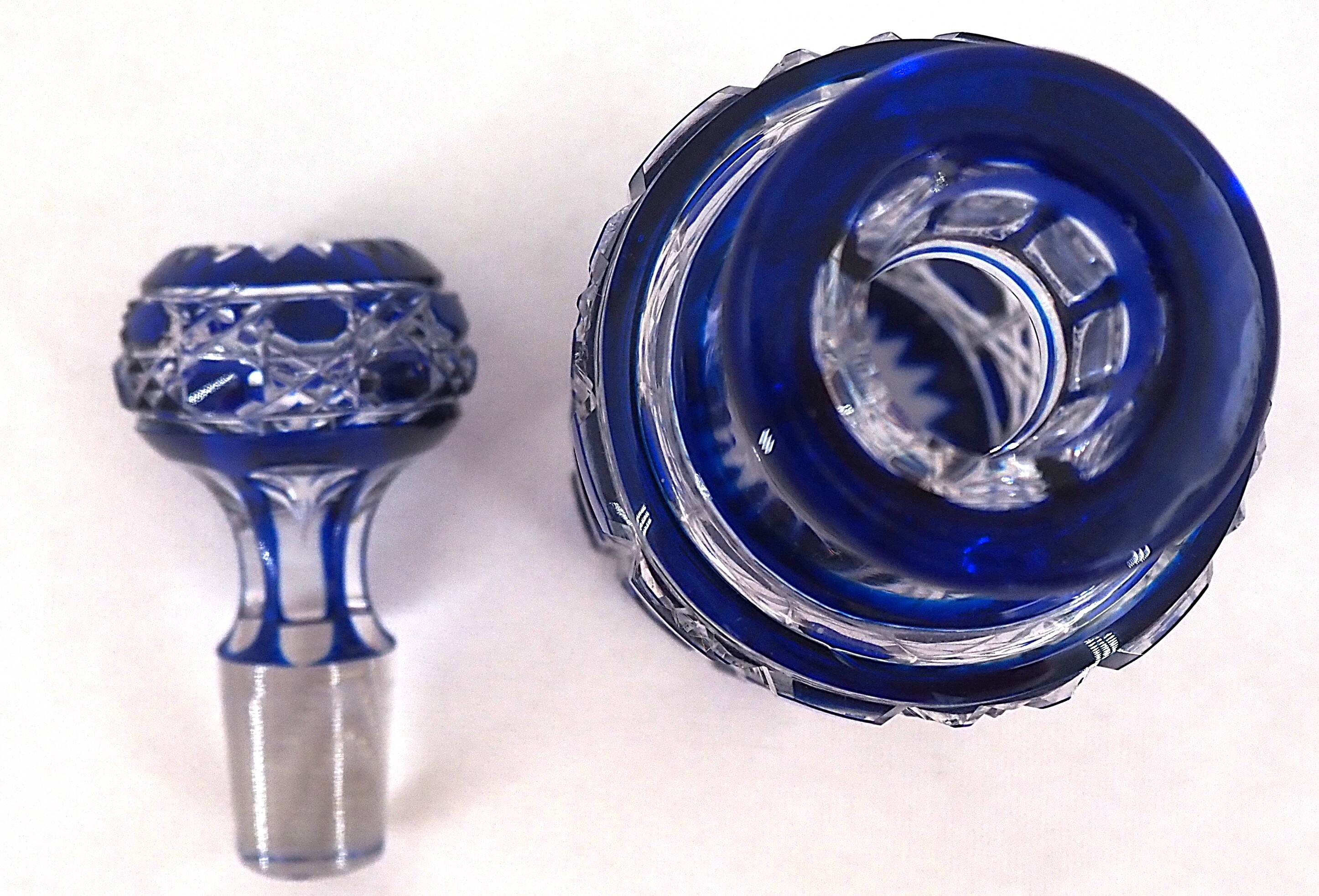 Baccarat, cut crystal bottle, blue lined, diamond gemstones, 14.8 cm.