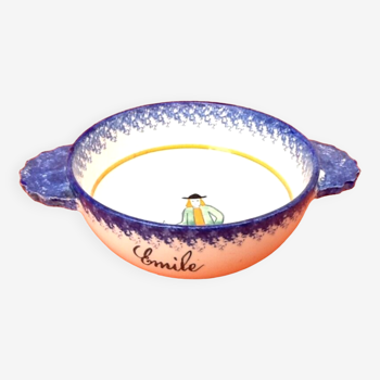 Earthenware Henriot Quimper France eared bowl Breton decoration first name: Emile