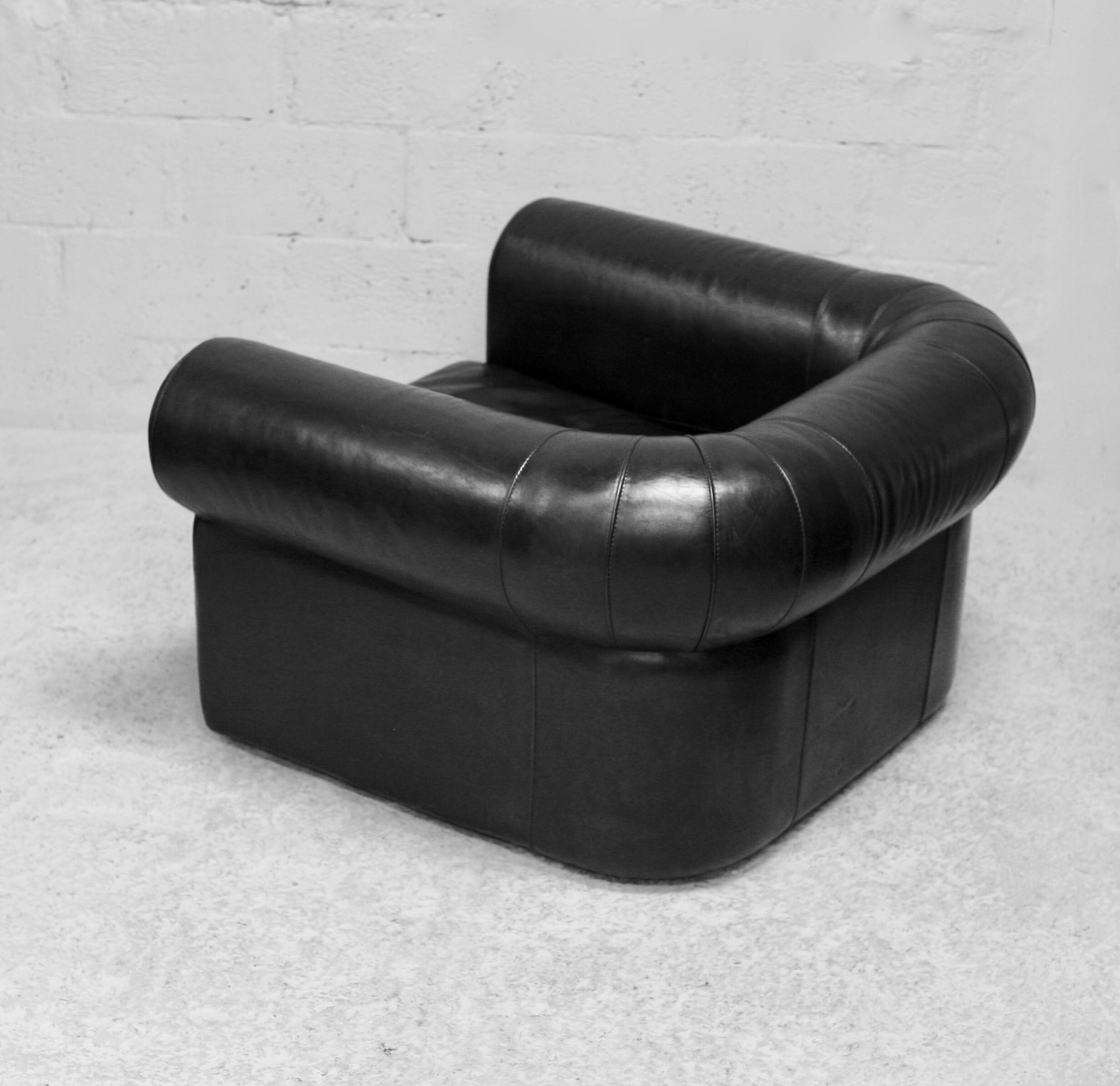 Large black leather armchair, France, 1980s