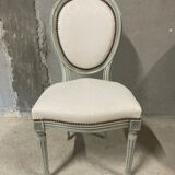 Armchair and 2 chairs set in Louis XVI style, light fabric, patinated wood.