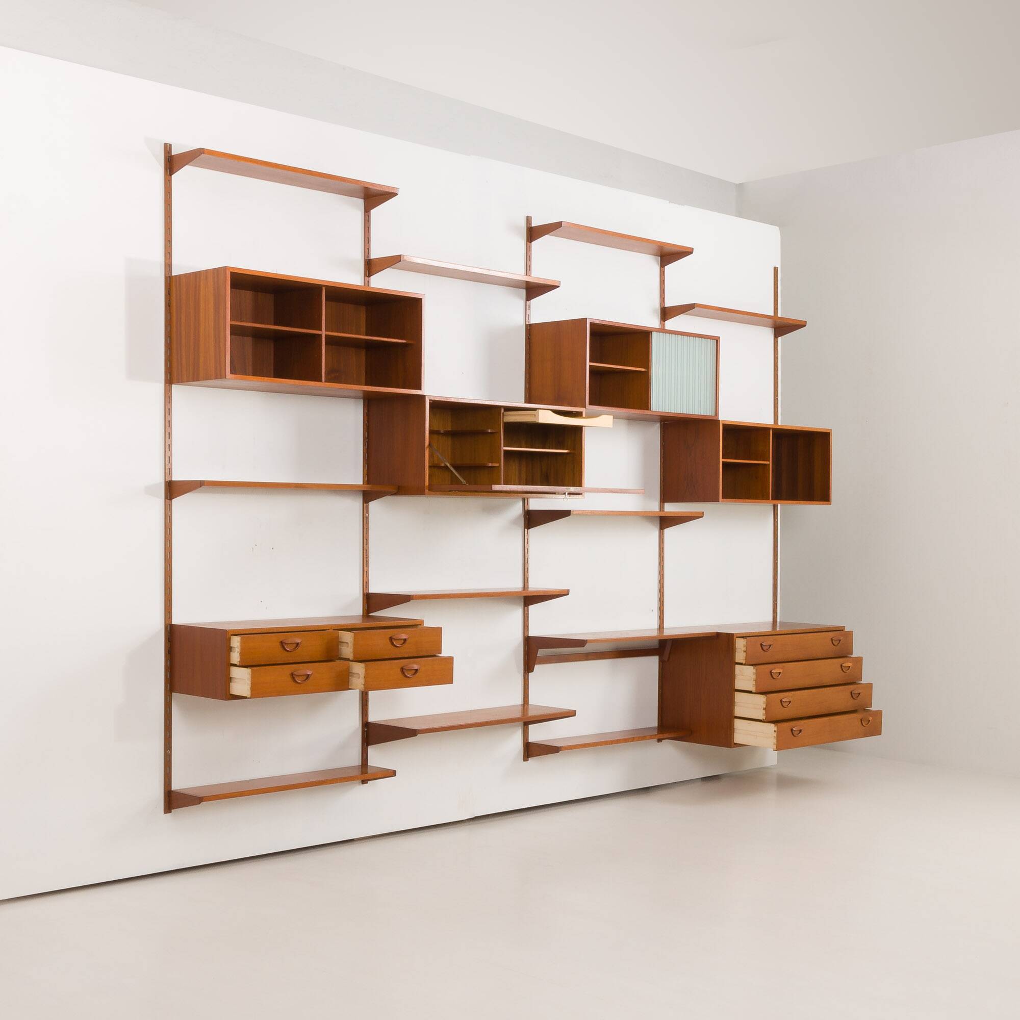 Kai Kristiansen four bay teak wall unit with a dresser, FM Mobler, Denmark