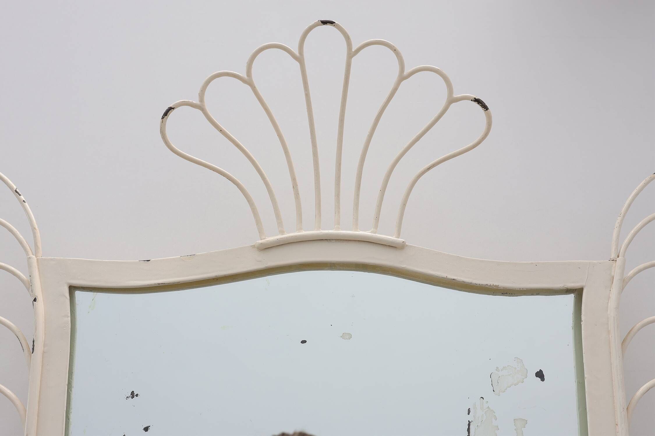 French White Lacquered Metal Mirror with Looped Wire Frame and Fan Crest, 1