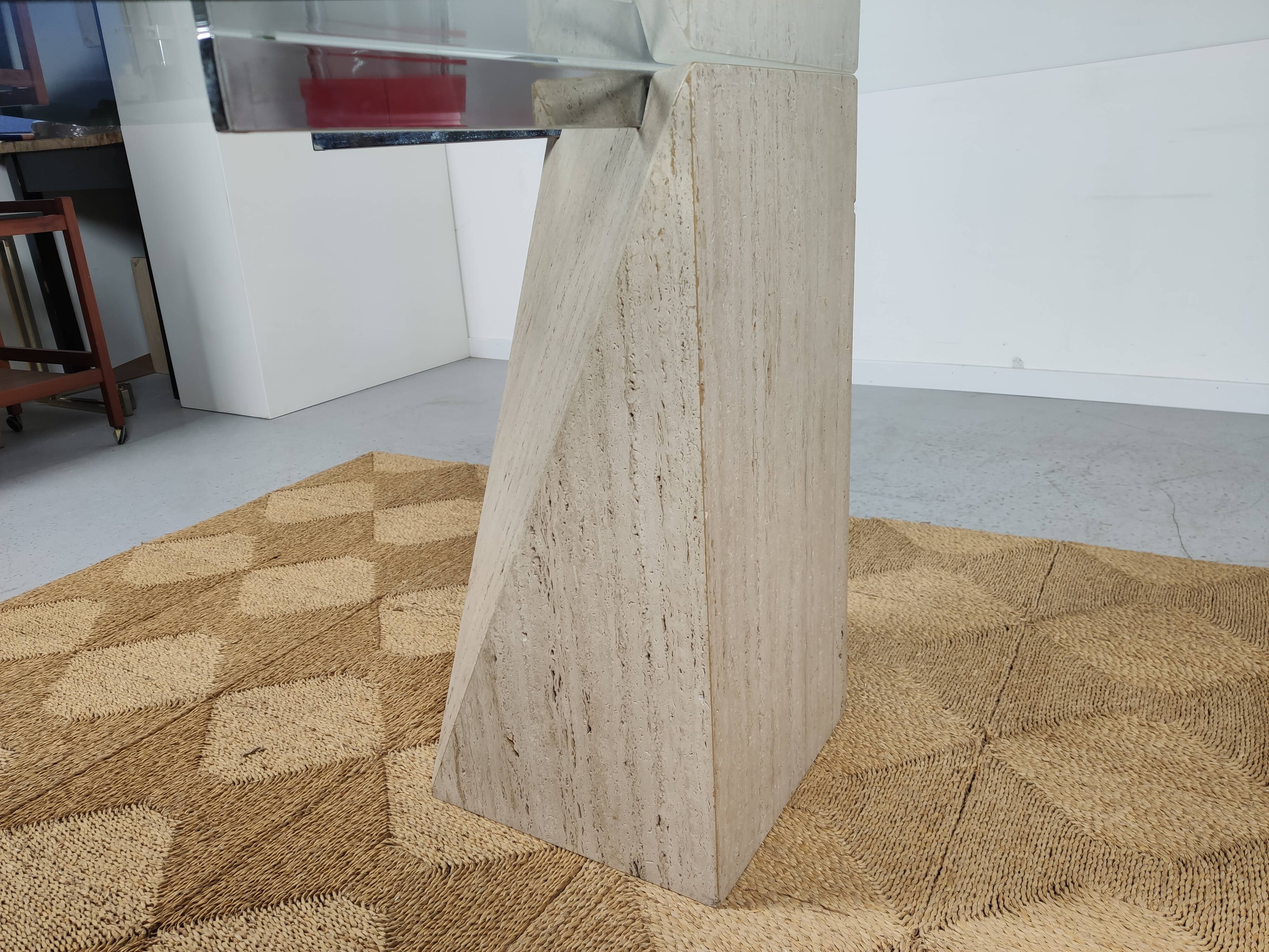 square dining table in travertine and glass , 80s
