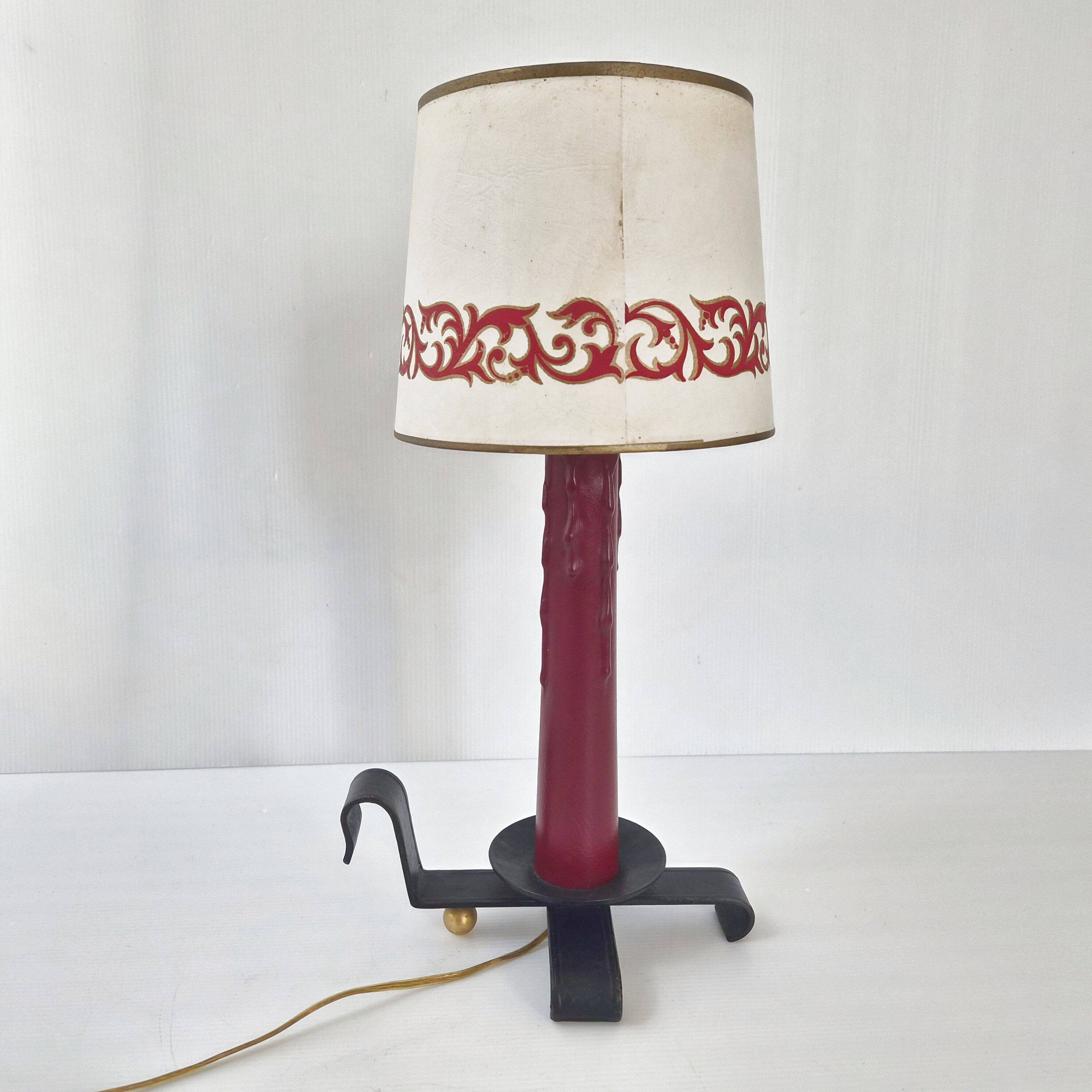 Vintage lamp in burgundy and black leather 1950