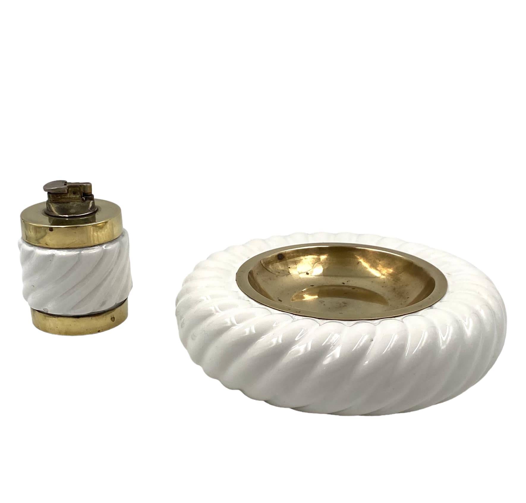 Tommaso Barbi, Smoking set white ashtray and table lighter, B Ceramiche, ca. 1970