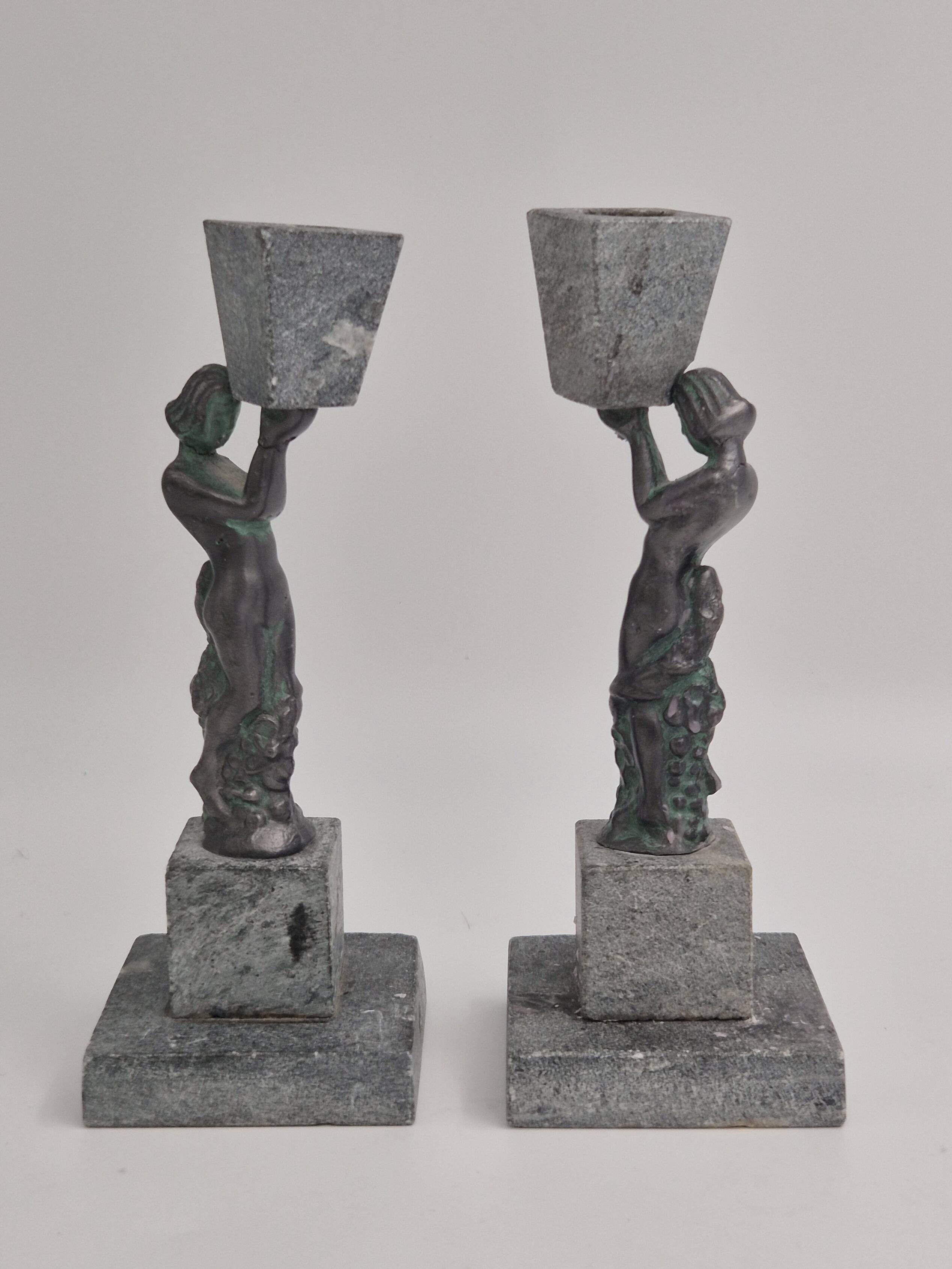 Rare decorative candlesticks in bronze and soapstone, Finland, Art Deco