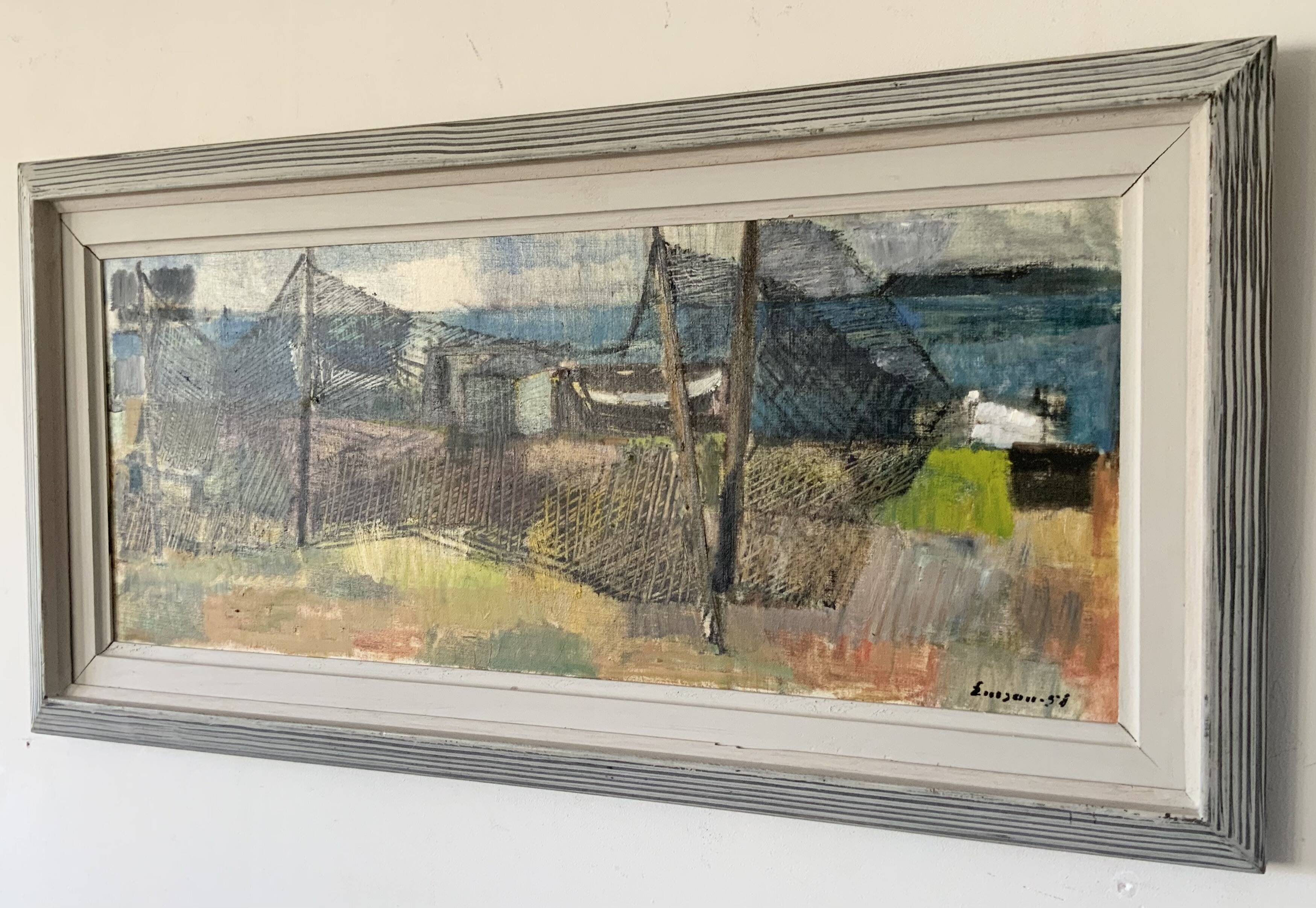 Vintage Oil Painting Fishing Village Scene 1950s