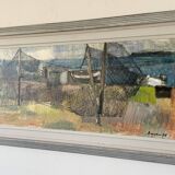 Vintage Oil Painting Fishing Village Scene 1950s