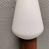 Wall lamp in teak with milky white cone-shaped shade in double glass