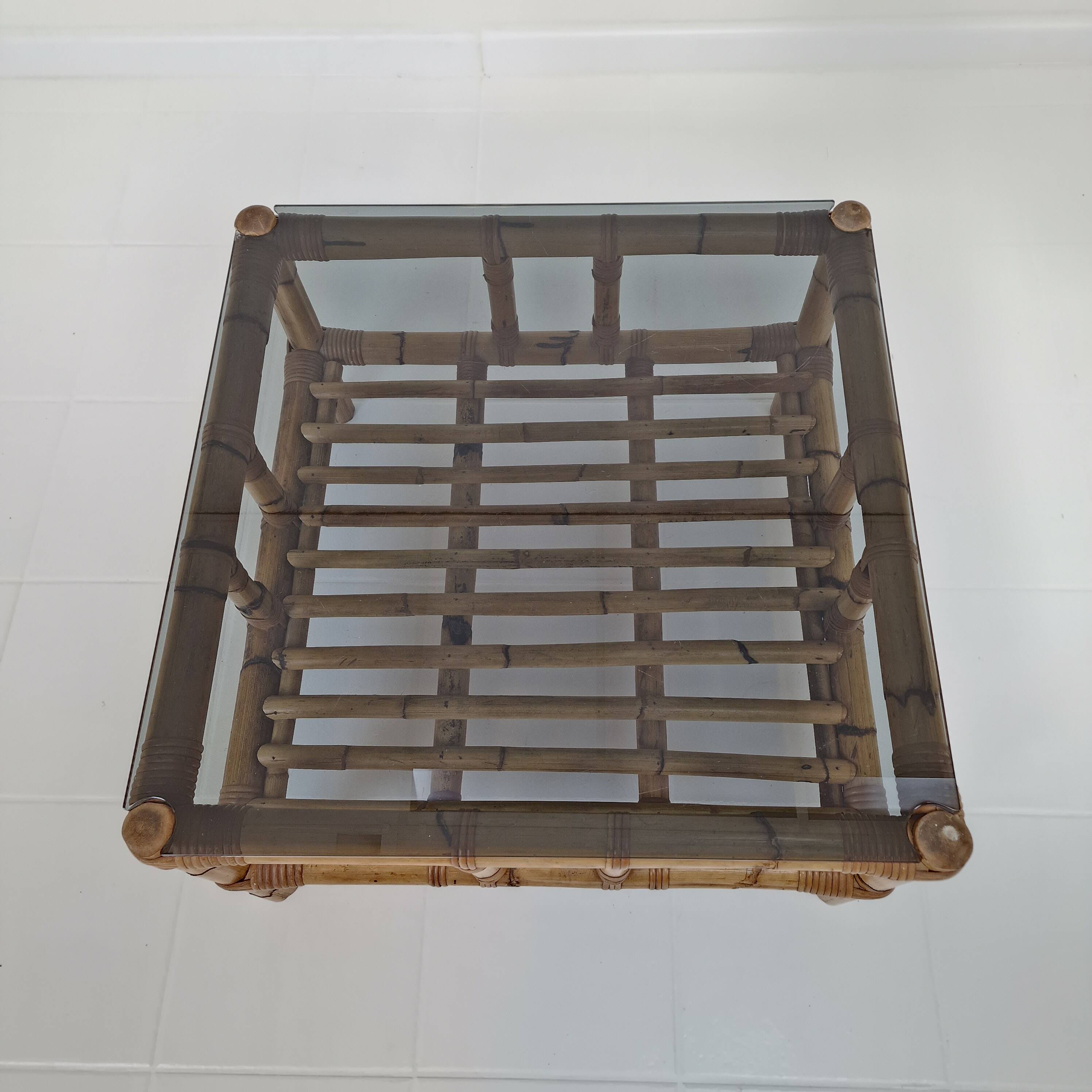 Italian bamboo coffee table with smoked glass, 1970s