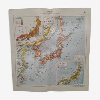 Carte géographique issue Atlas  Quillet 1925  carte : Japon politique géologique et physique