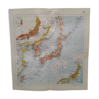 Carte géographique issue Atlas  Quillet 1925  carte : Japon politique géologique et physique