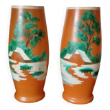 Ancien : paires de vase en verre pâte de verre orange peint