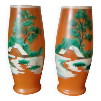Old: Pair of painted orange glass paste vases