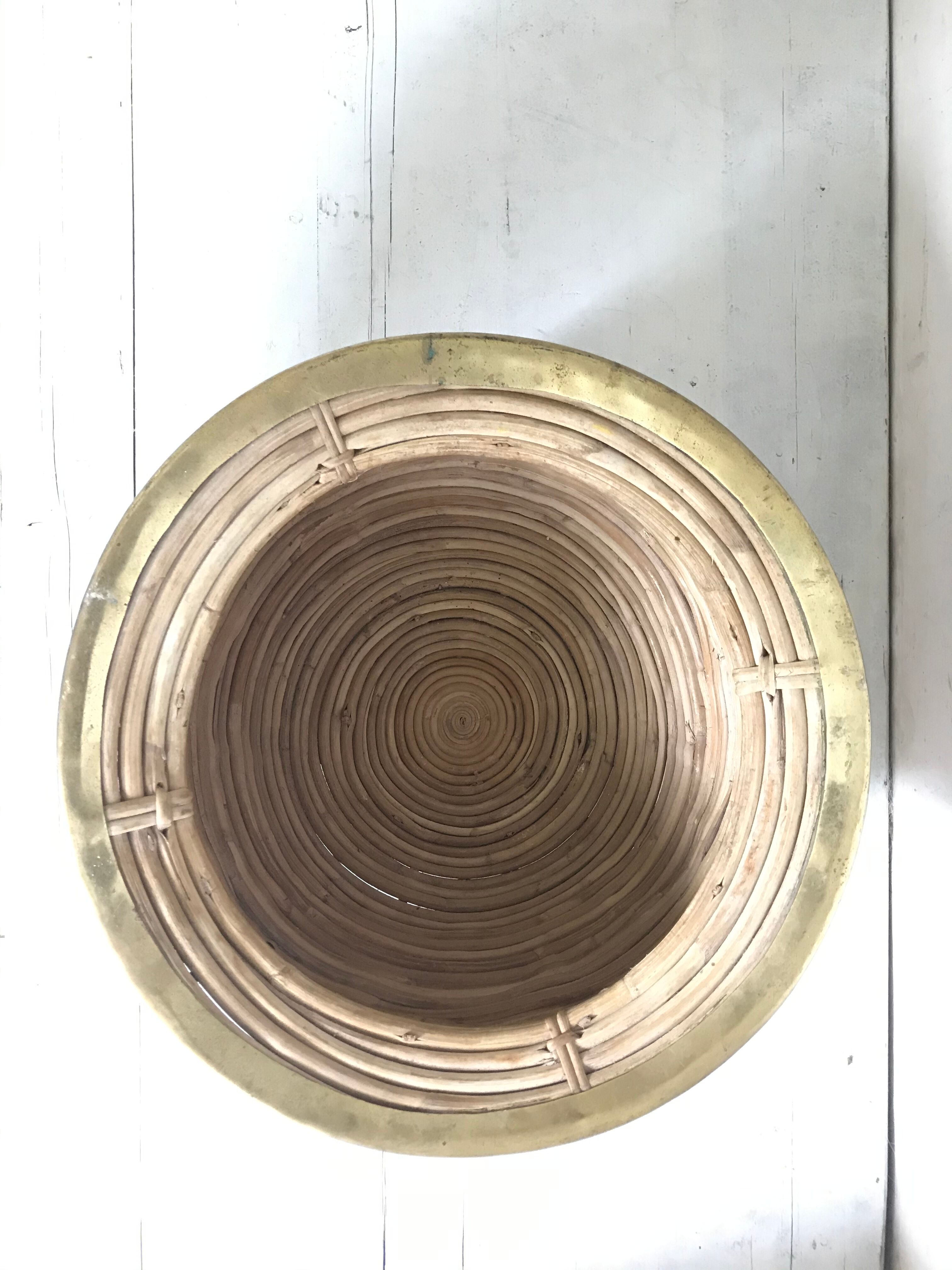 Rattan and vintage brass pot cover