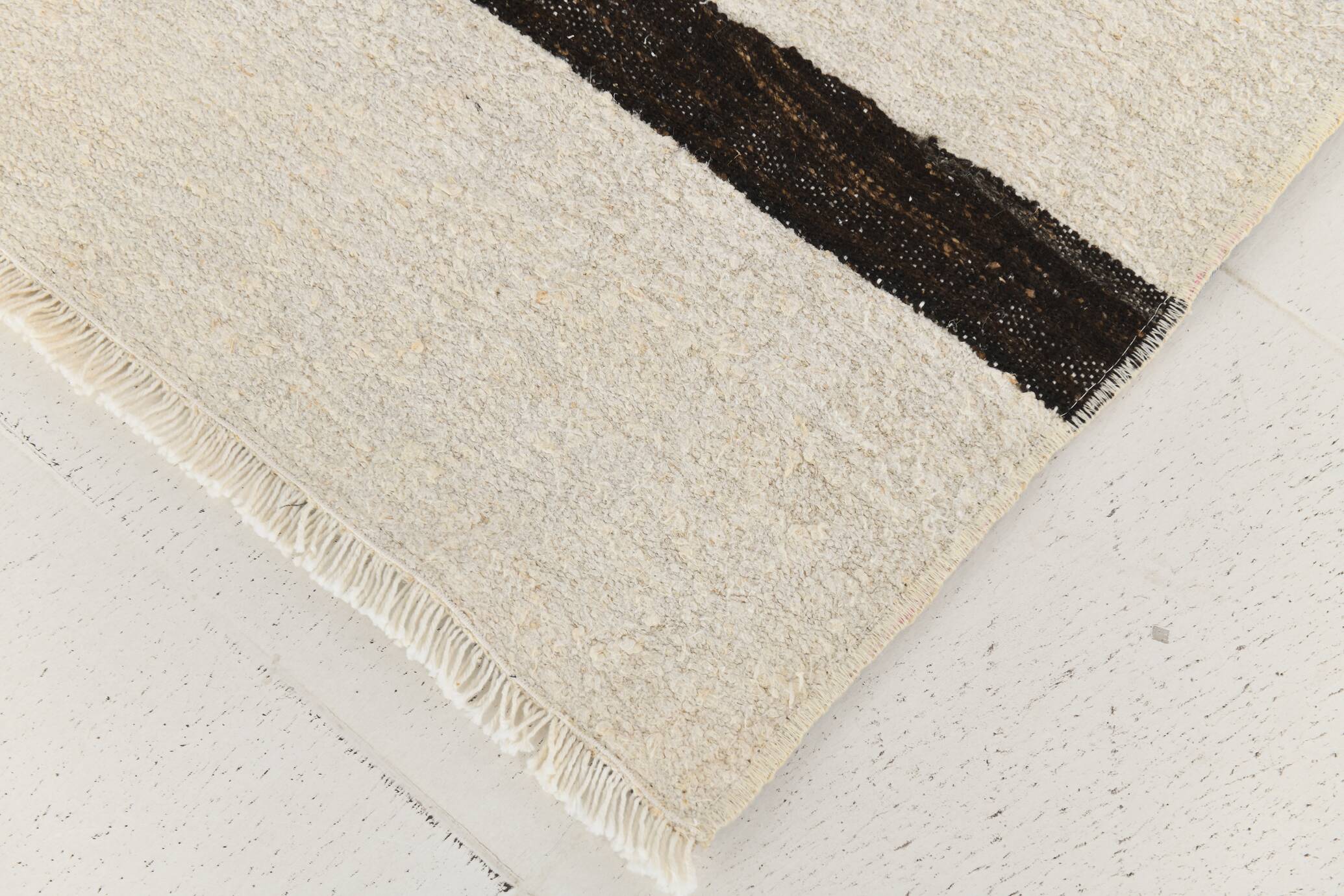 Beige & Black Striped Pattern Vintage Kilim Rug, 74x351 Cm
