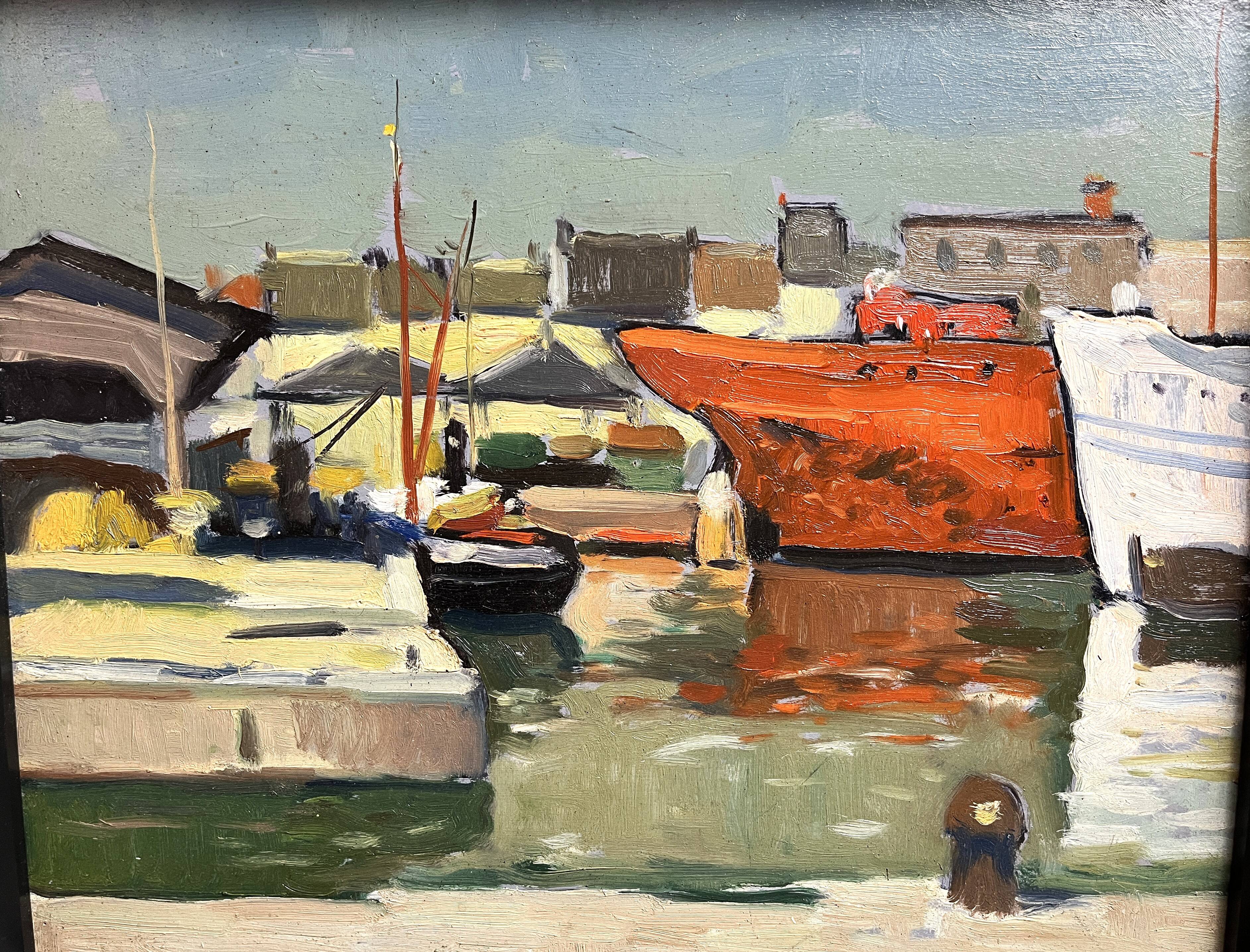 Oil on panel Boats in the port frame 20th century