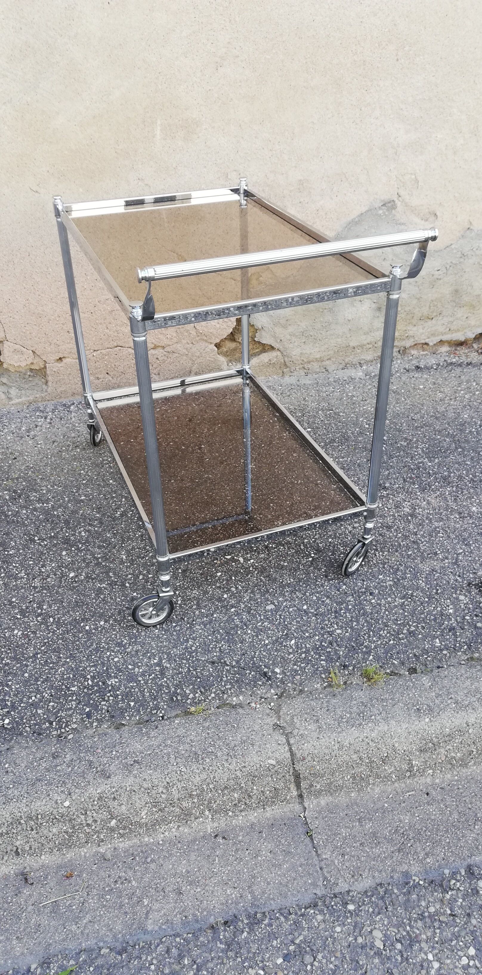 Vintage chrome serving, brown smoked glass