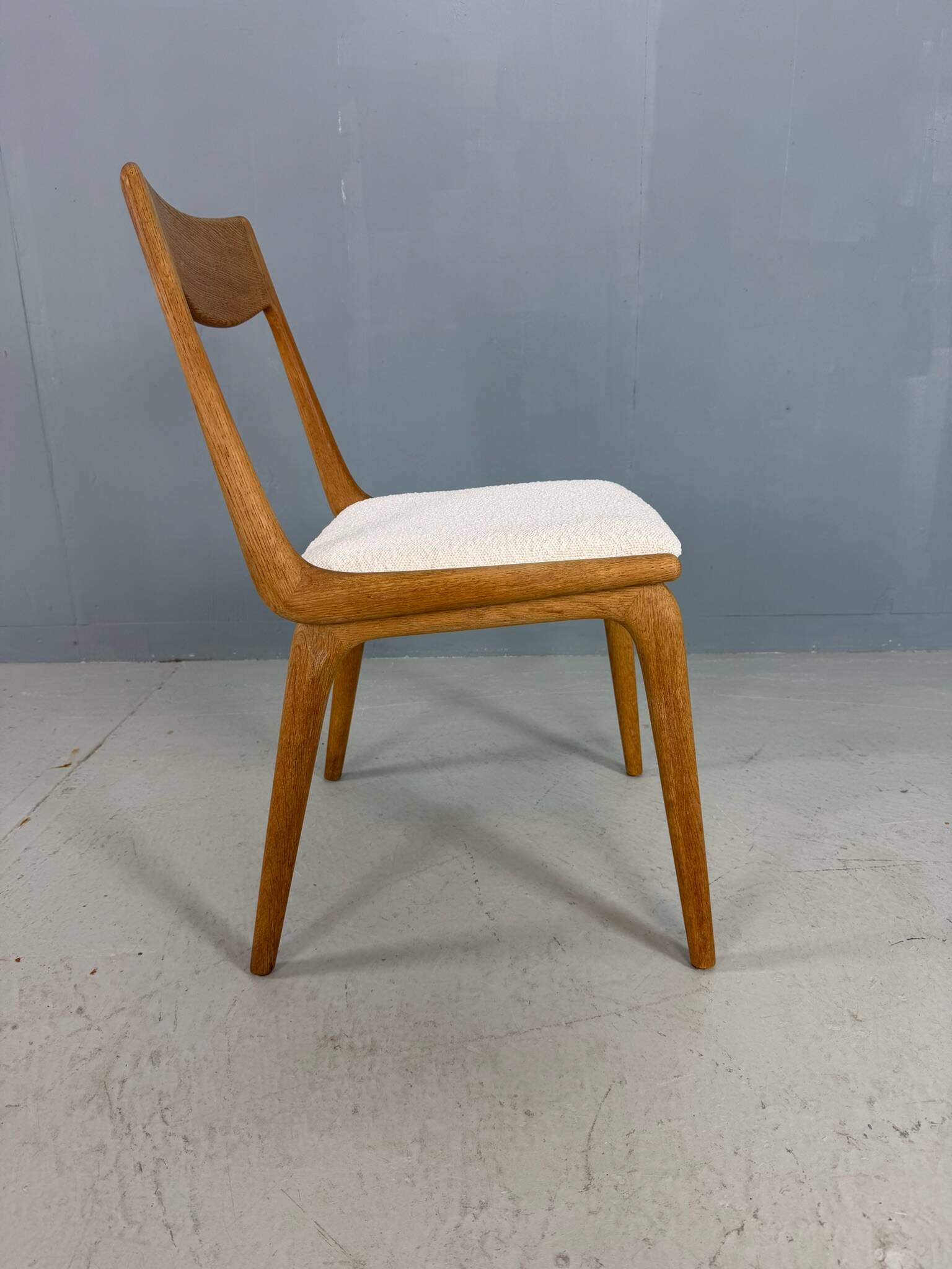 Alfred Christensen Danish oak "Boomerang" chairs set of 6 boucle fabric