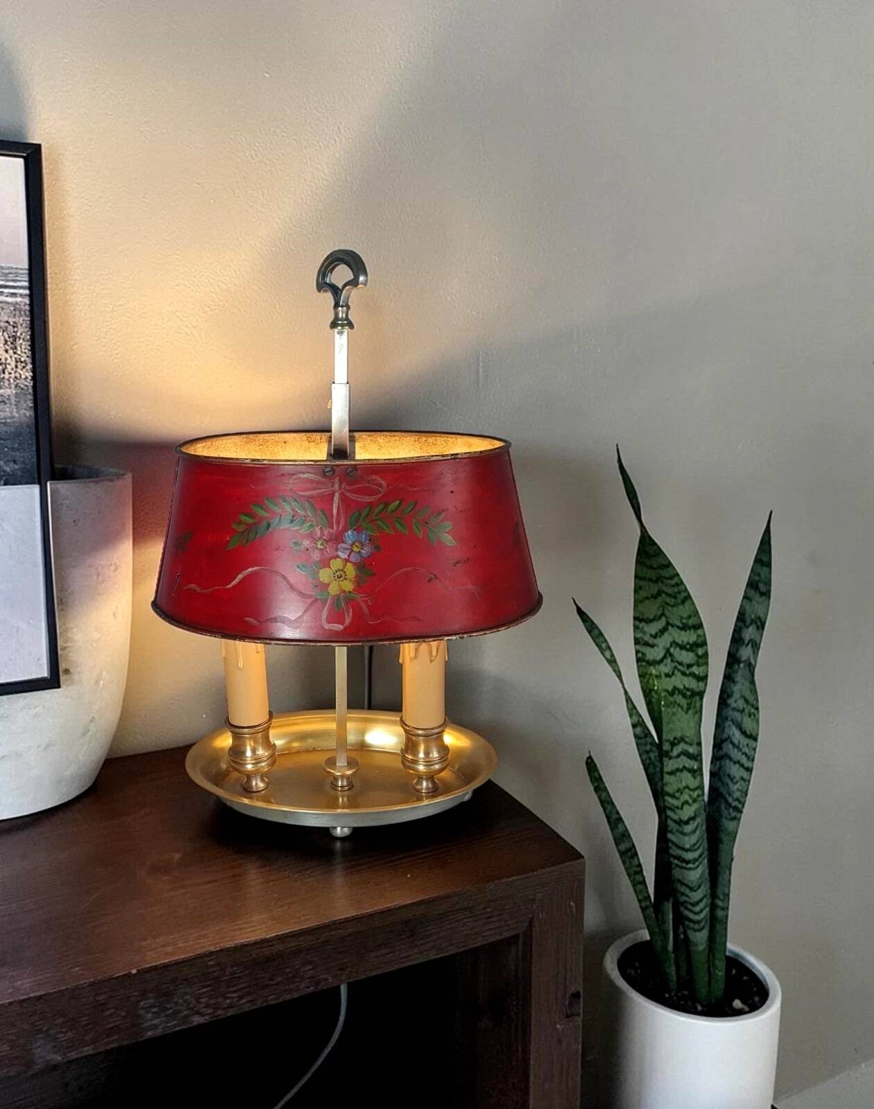 Ancienne lampe bouillotte bronze & tôle peinte, électrifiée D083