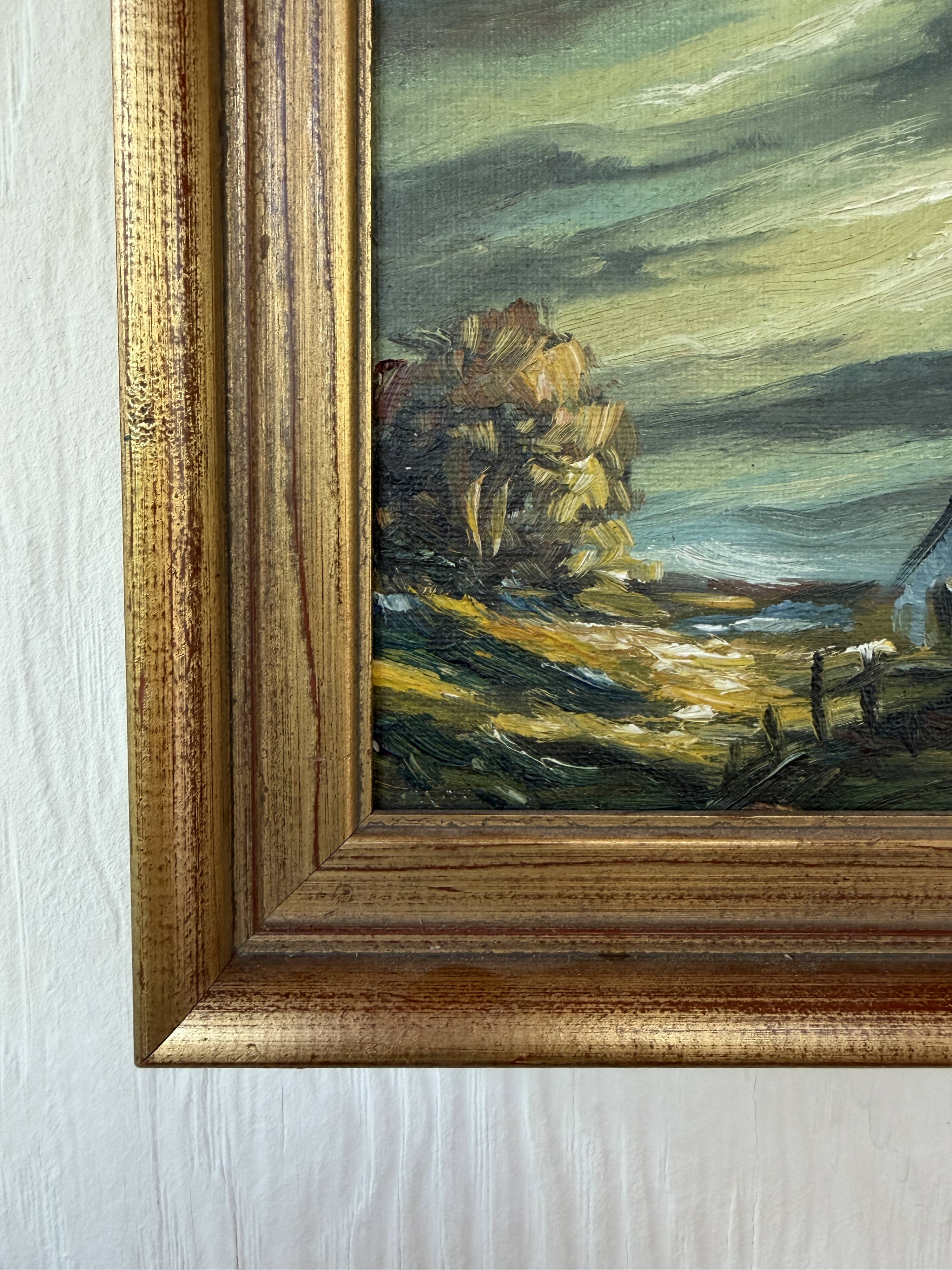 Small vintage painting of a countryside landscape – Oil on canvas – Old house