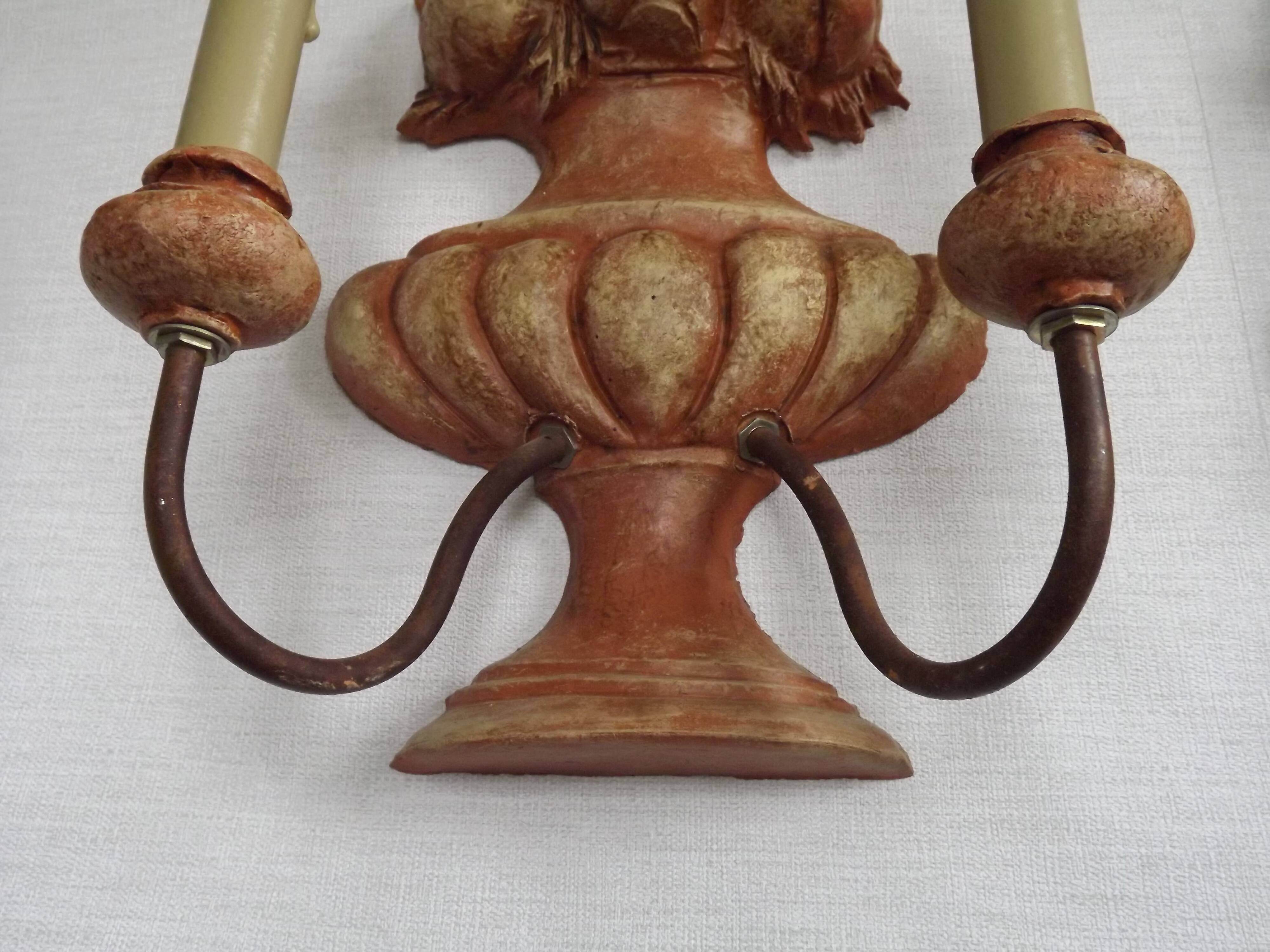 Rare Large Pair of French Terracotta Urn Fruit Basket Double Wall Lights