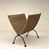 Vintage woven rope folding magazine rack with black metal frame, 1960s