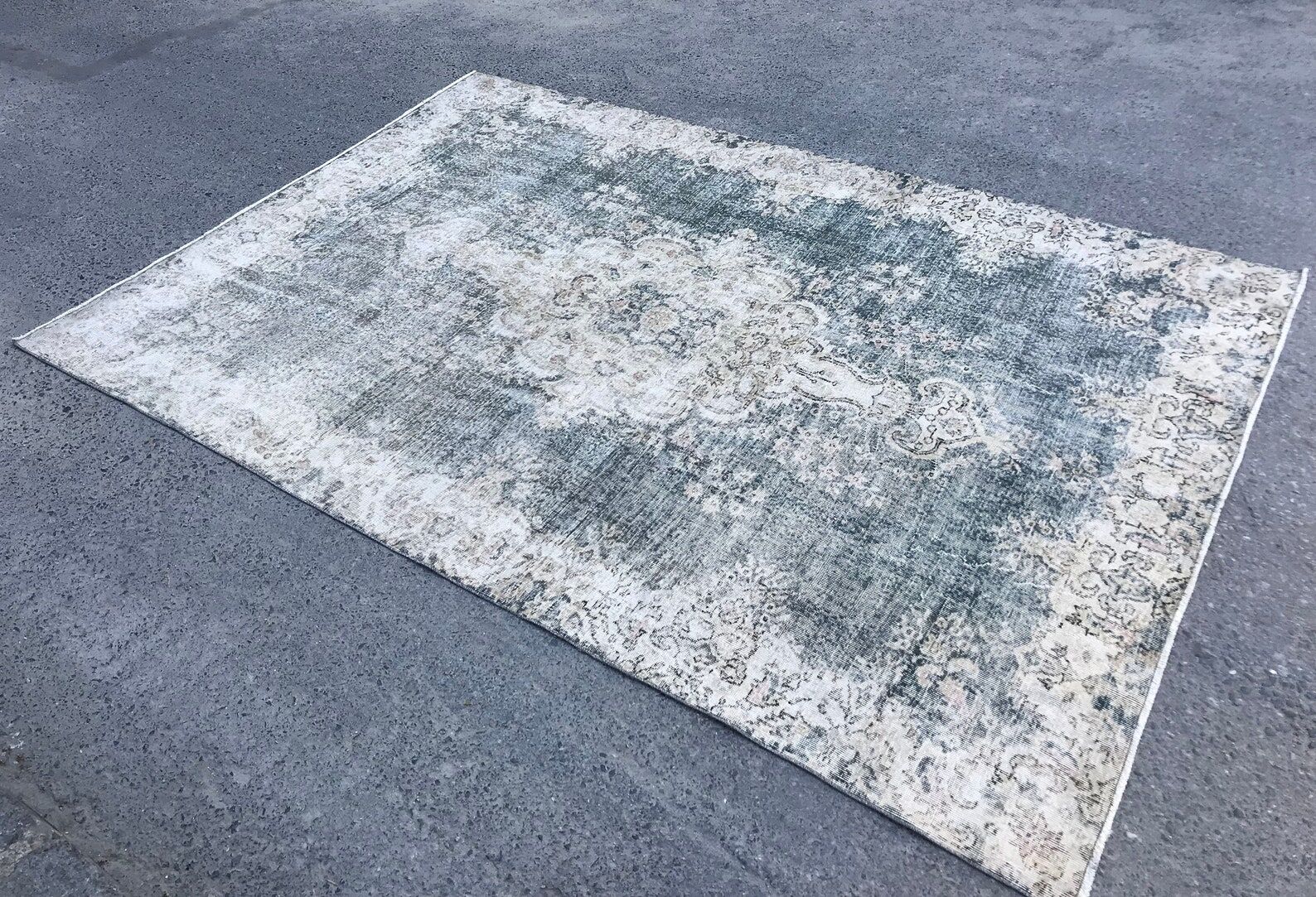 Beige Blue Green Faded oushak Rug