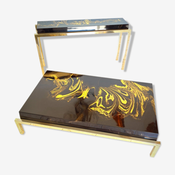 Coffee table and console in resin and brass of the 70s