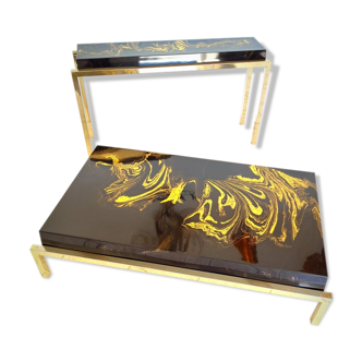 Coffee table and console in resin and brass of the 70s