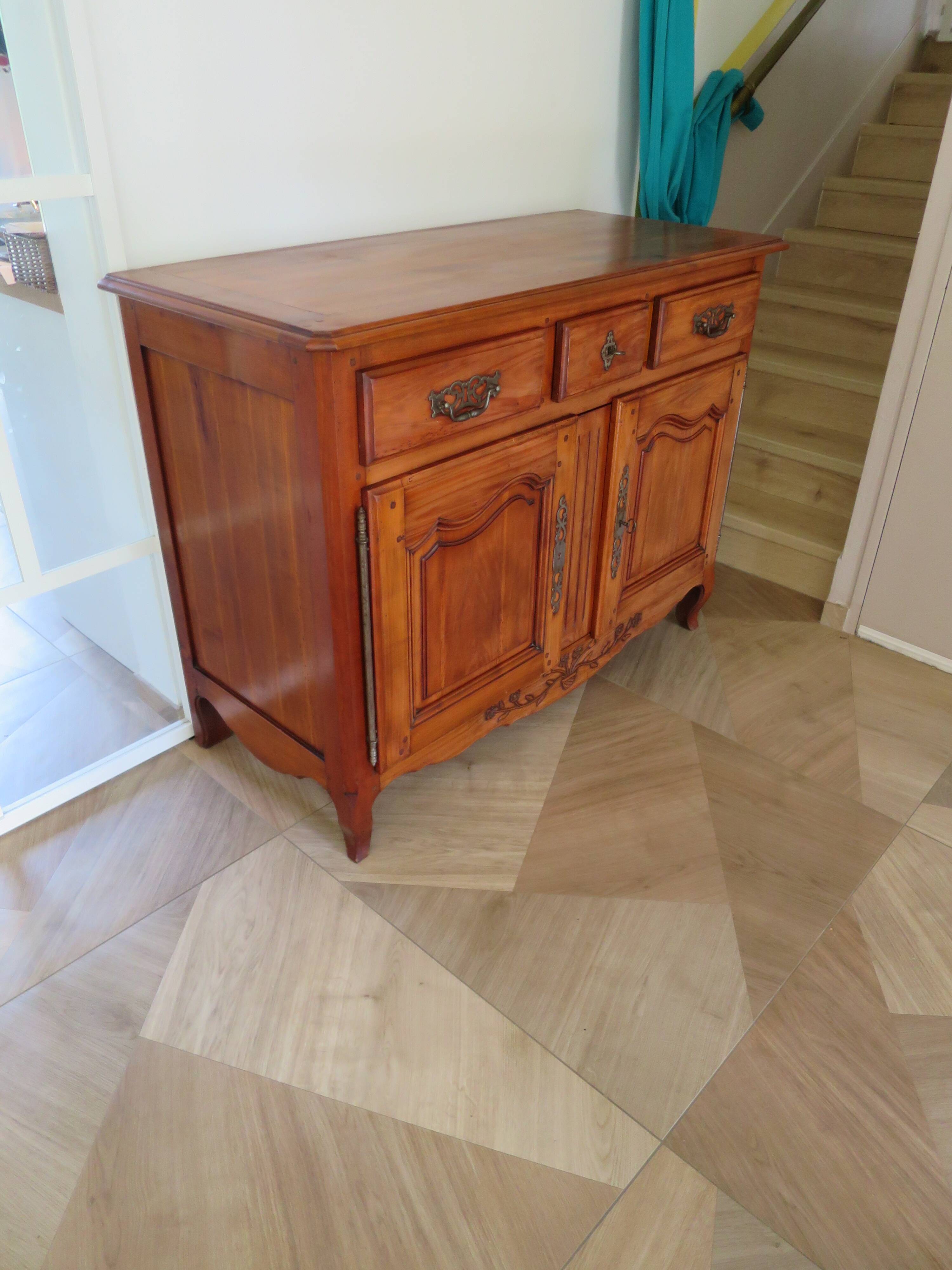 Rustic buffet in Louis XV-Regency style, dovetailed, cherry wood finish, solid wood.