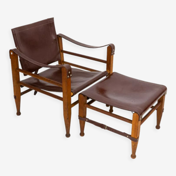 Fauteuil Safari en teck et pouf en cuir d’Aage Bruru & Son, années 1960