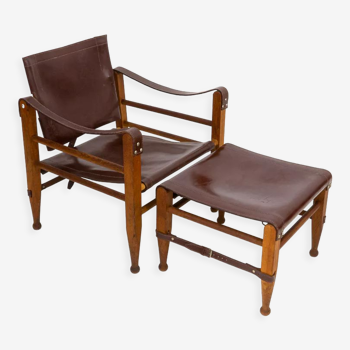 Teak Safari Chair and Ottoman in Leather from Aage Bruru & Son, 1960s